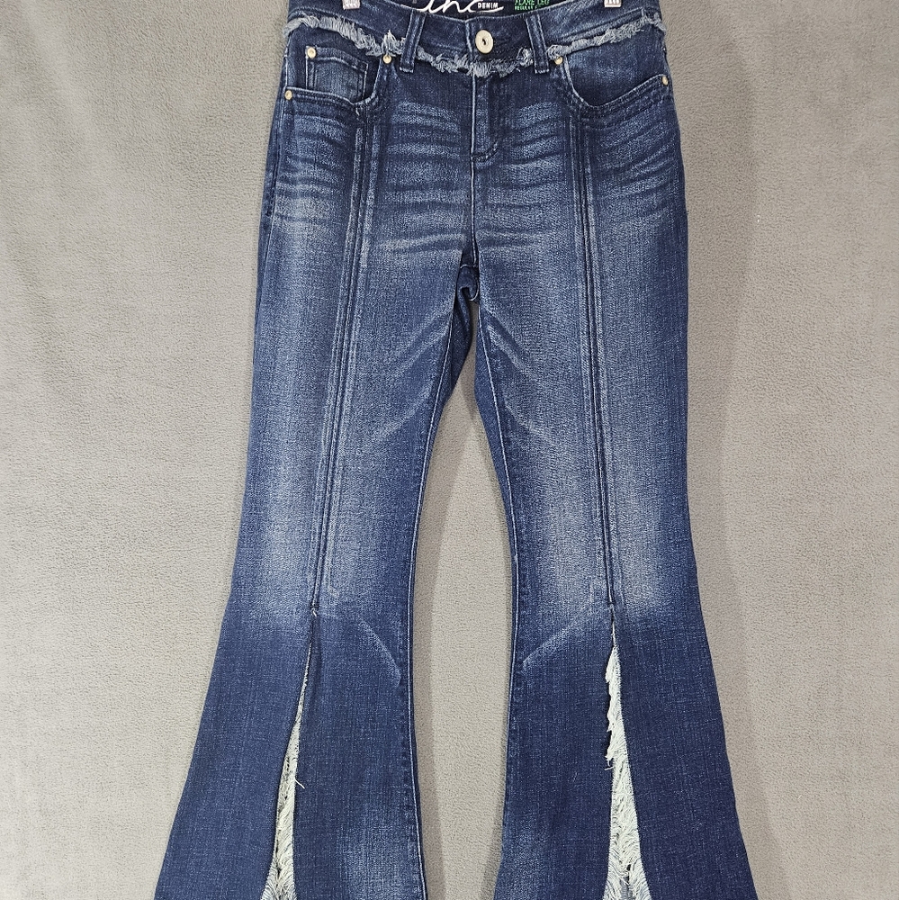 International Concepts Frayed Tulip Hem Wide Flare Jeans Indigo Womens 4 Stretch
